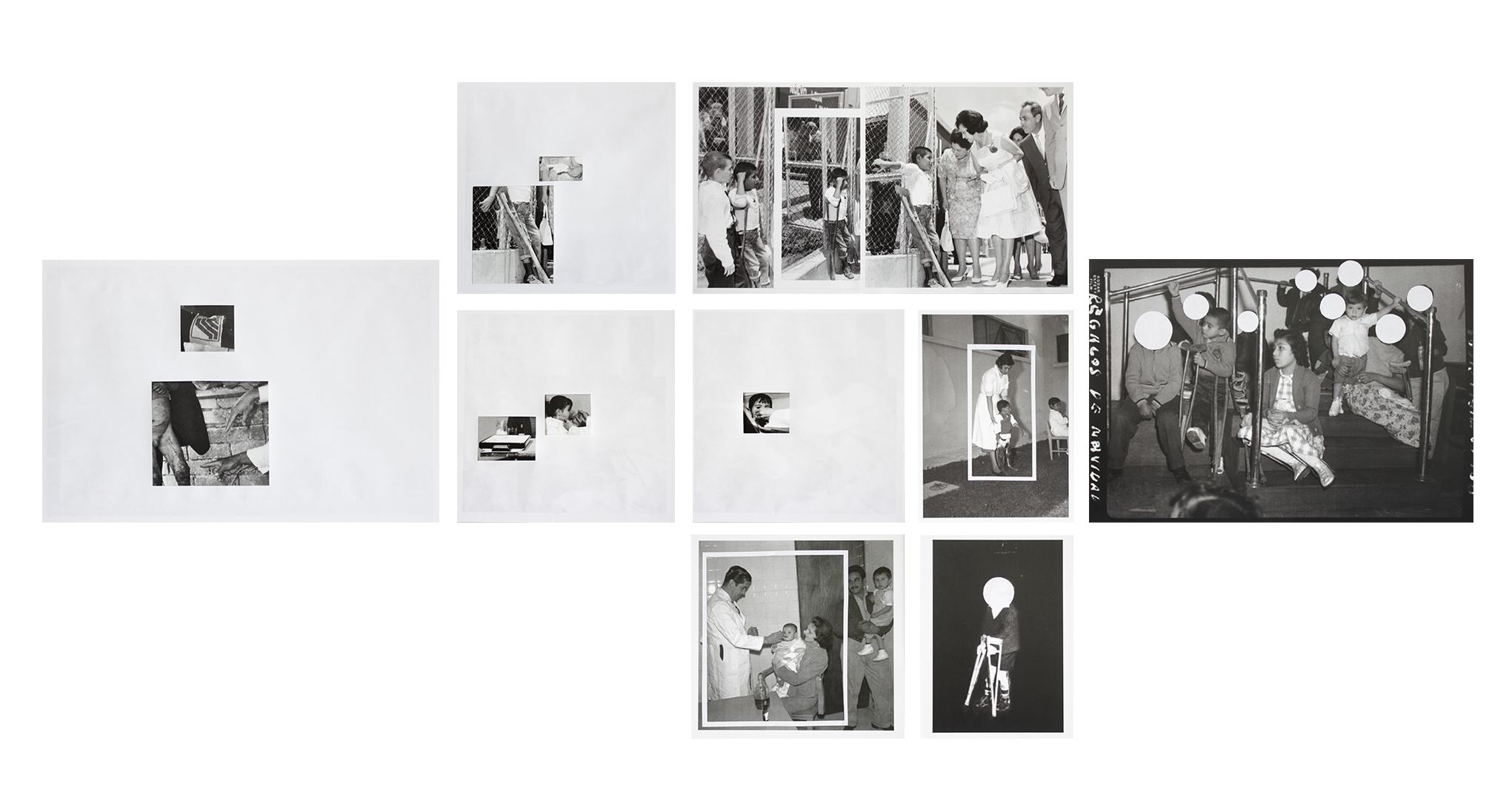 Polyptych of nine different black and white photographs of different sizes and formats. Four photographs are covered in white and only small sections are visible: the Ministry of Health’s logo, hands pointing at legs, crutches, hands administering oral vaccine to a child, medical tools. Three photographs have white rectangles framing a section of the scene: a boy with crutches being stared at by some adults, a young woman holding a young child with leg braces, a woman holding a baby while a doctor administers a vaccine. In two photographs, white circles cover the faces of children, one on a child with crutches, and two on children with no visible walking aids.
