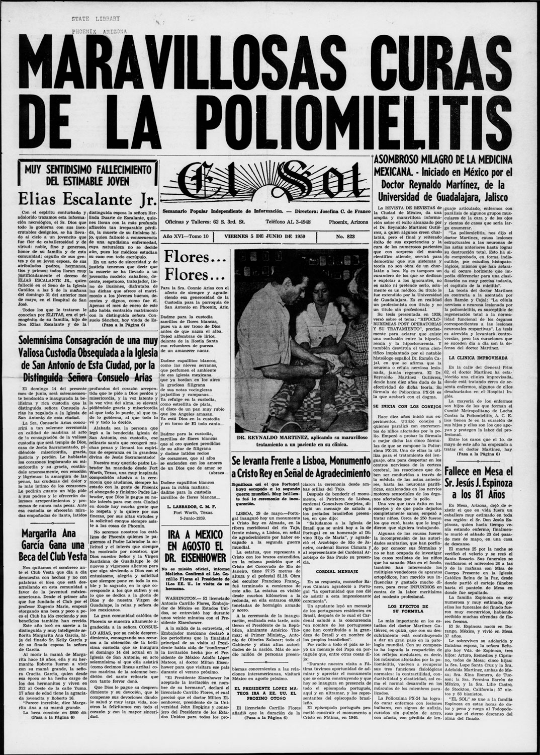 El Sol newspaper front page with a header in bold black letters that reads, “Maravillosas curas de la poliomielitis.” Below the header and the newspaper’s name is a dark black and white photograph that shows a man dressed in white administering an injection on the leg of a child held by two women.